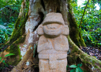 A megalithic statue in San Agustín Archaeological Park, Colombia.