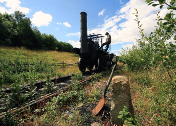 A Locomotion No. 1 replica is pictured running along a track at Beamish, the open air museum
