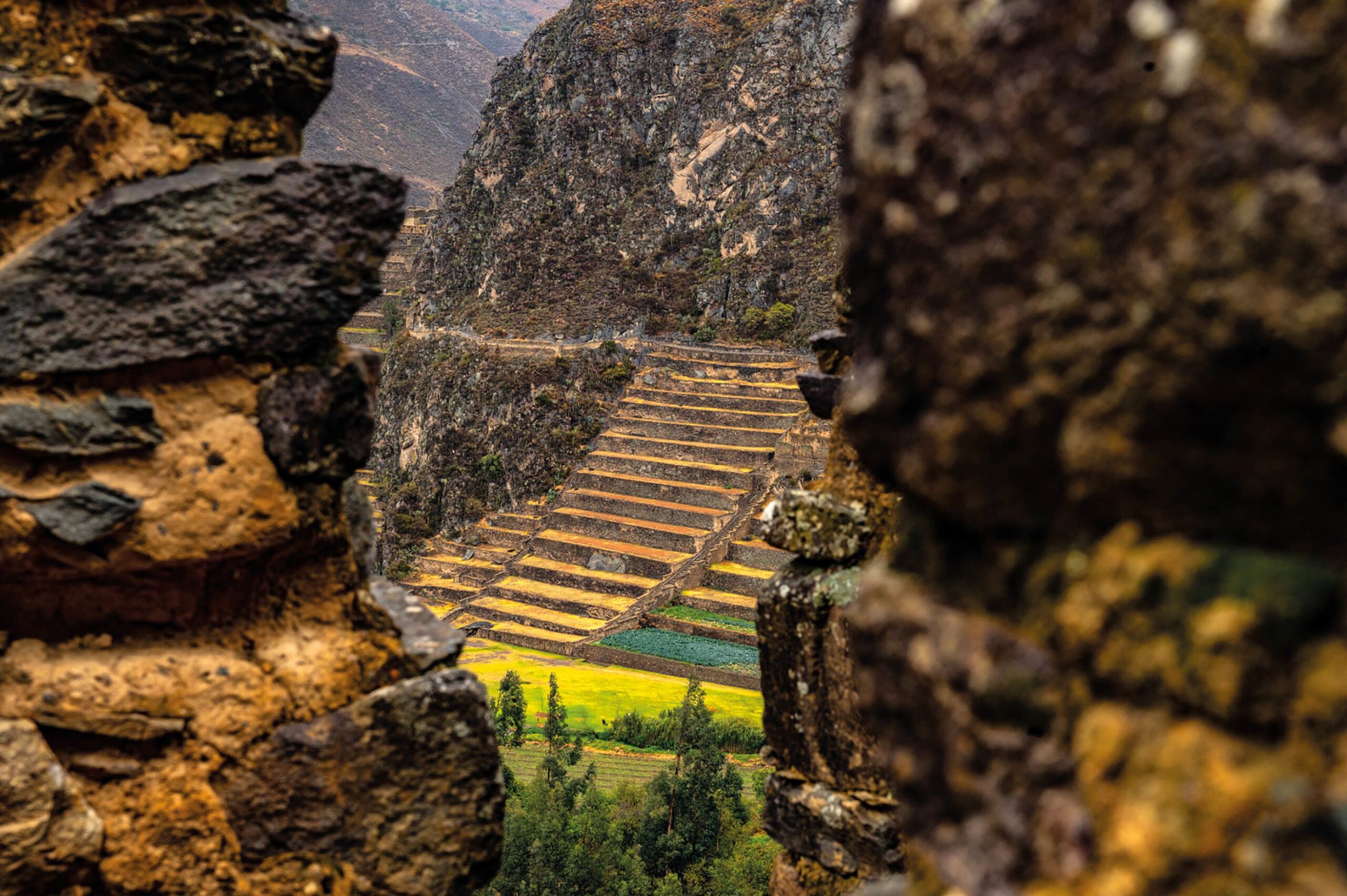 The temple terraces of Ollantaytambo, as seen from the slopes of Pinkuylluna mountain
