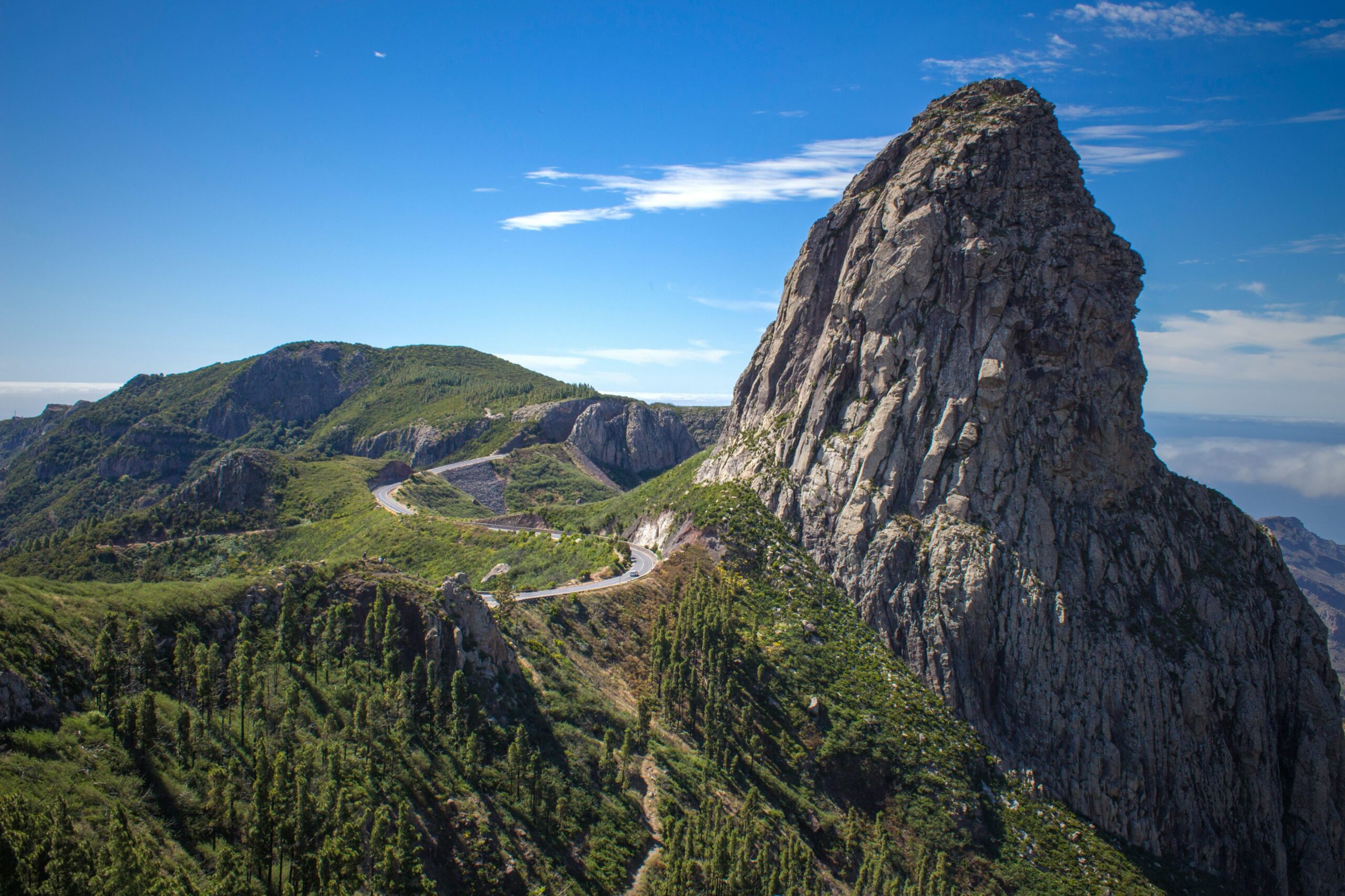 A rocky mountain peak in the distance