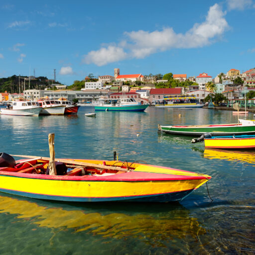 View of colourful boats in Carenaga harbour, which is in St. George's, the capital of Grenada