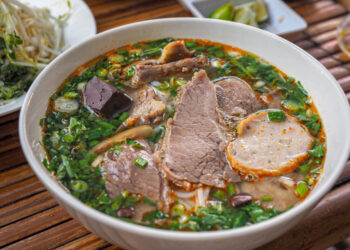 Close up of pho bo, a beef noodle soup from Vietnam