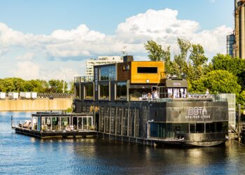MONTREAL, CANADA - June 2022: Floating Spa center in the Montreal Old Port, Quebec, Canada