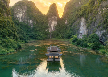 Aerial view of natural scenery at Trang An landscape complex