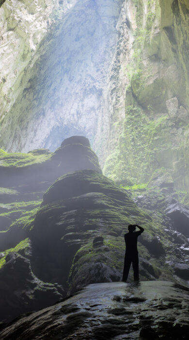 Mystery misty cave entrance in Son Doong Cave, the largest cave in the world in UNESCO World Heritage Site Phong Nha-Ke Bang National Park