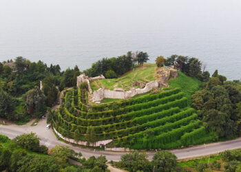 Aerial view of Petra Fortress in Tsikhisdziri. Georgia