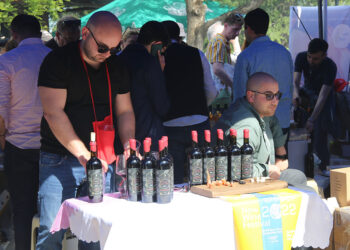 New wine festival tasting table with wine bottles
