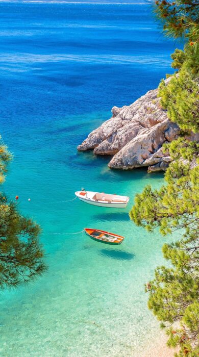 Idyllic beach Punta Rata in Brela view through Mediterranean trees, Makarska riviera of Dalmatia, Croatia