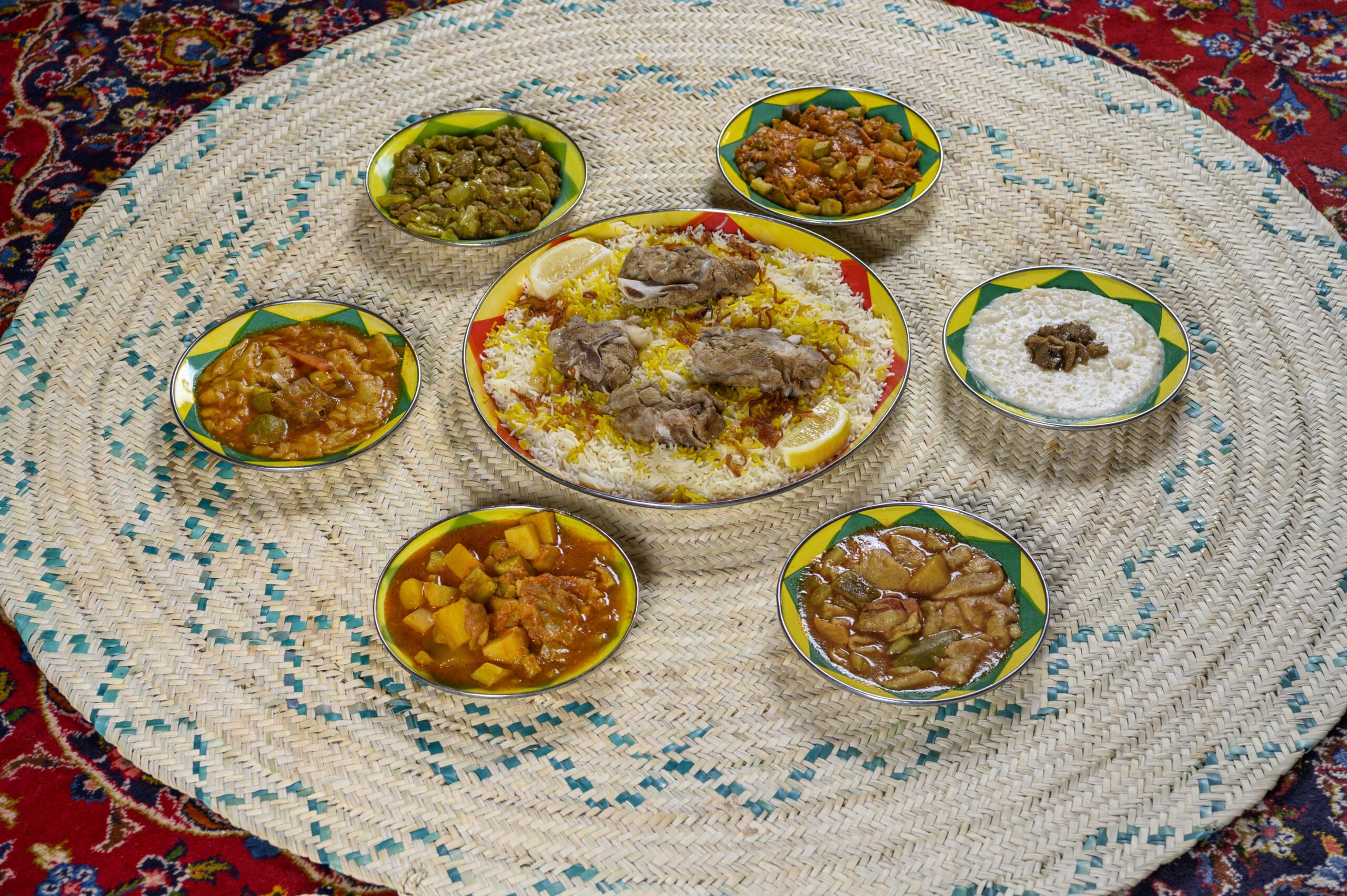Dishes placed on a straw mat