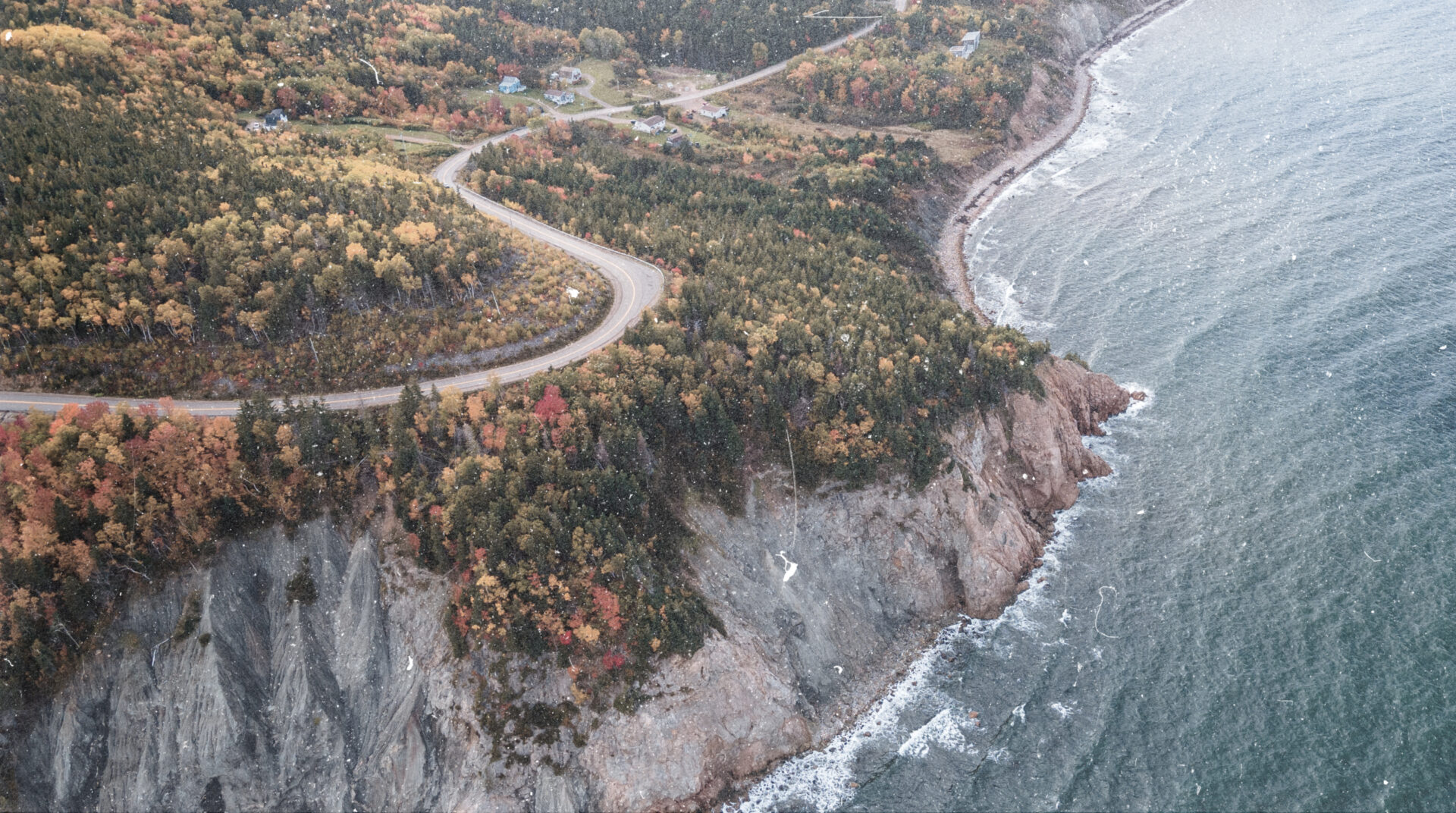 Aerial view of winding coastal road in Nova Scotia