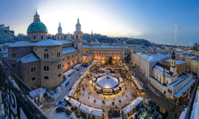 Aerial view over christmas market on Main Square