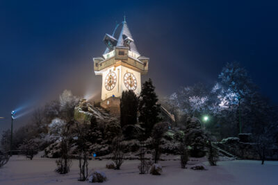 Graz, Austria clock tower at night