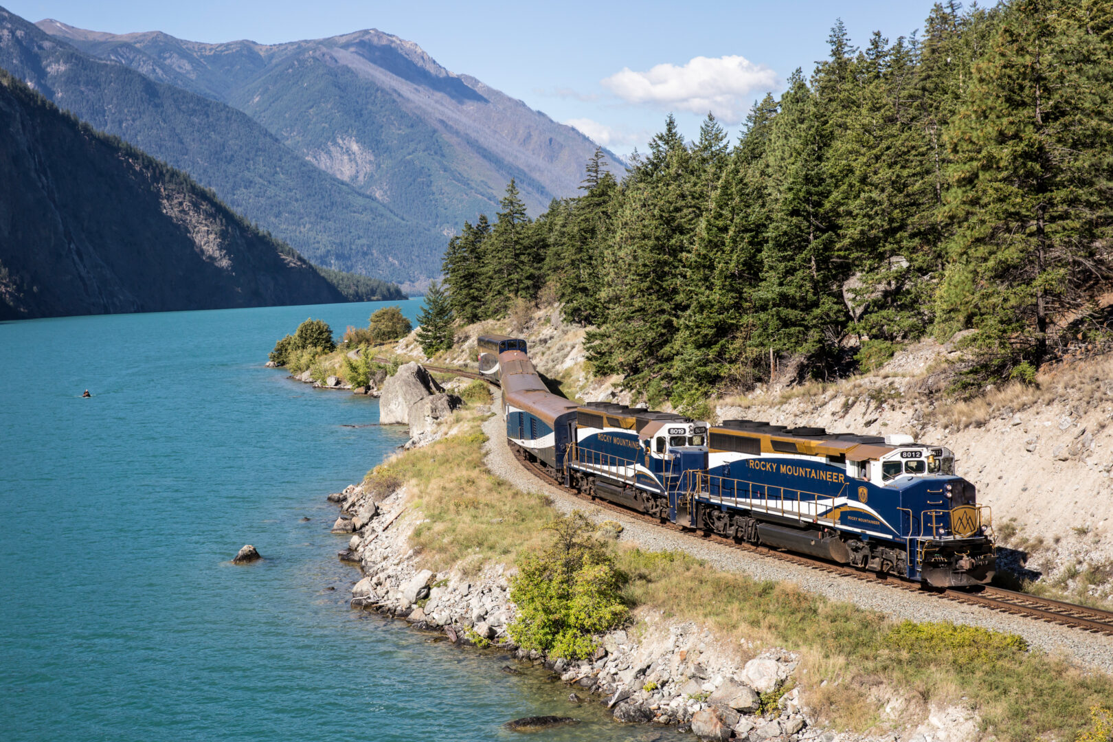 Rocky moutnaineer train meandering through the Rocky mountains