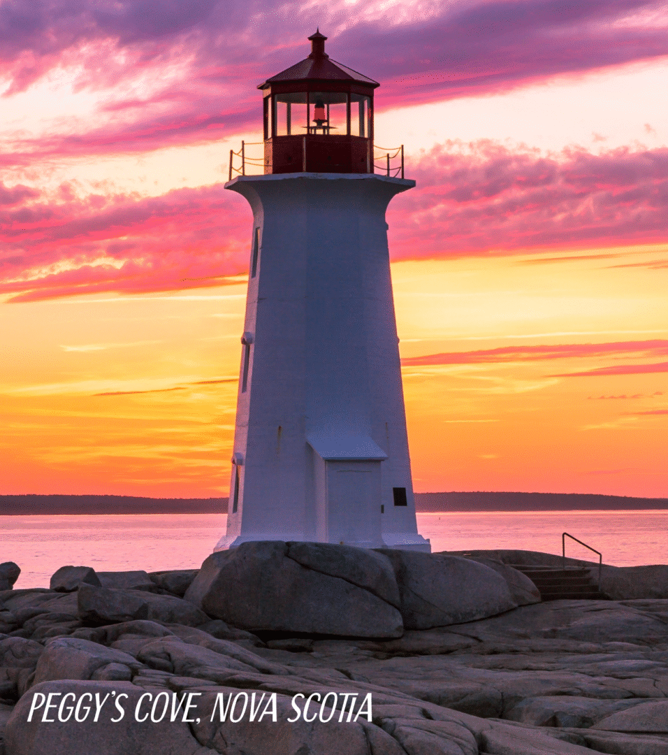 Peggys Cove lighthouse at sunset