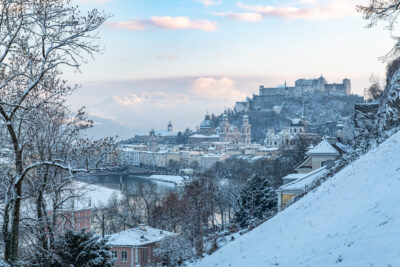 Landscape view over snow covered Salzburg