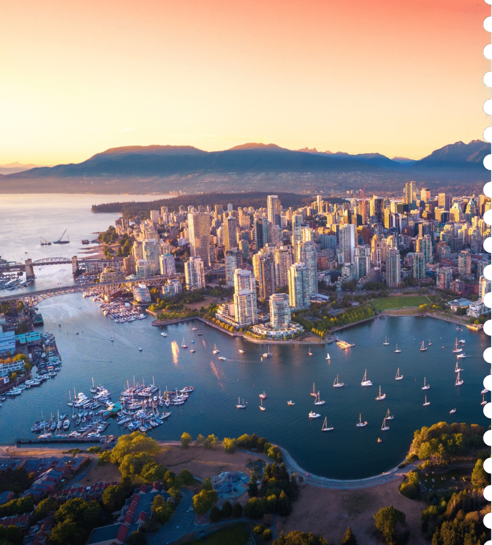 Aerial view of city of Vancouver at sunset